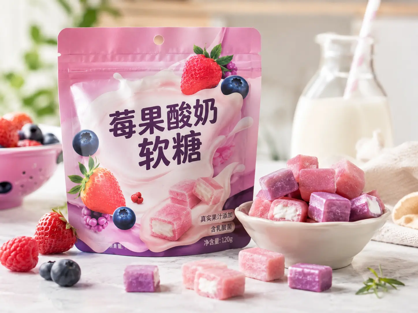 莓果酸奶酸奶软糖概念图