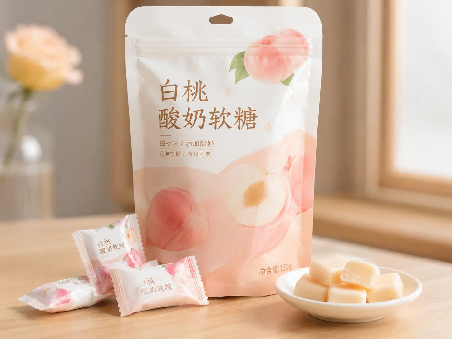 白桃酸奶酸奶软糖概念图